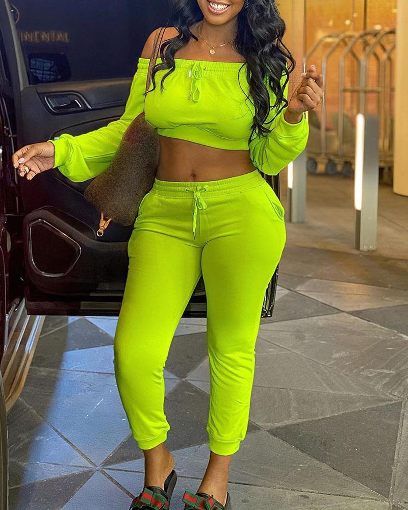 

Solid Off Shoulder Crop Top & Drawstring Pants Set, Green