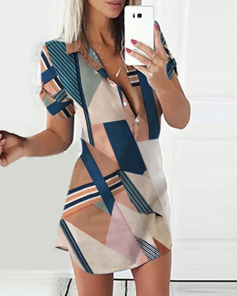 

Colorblock Puff Sleeve Buttoned Shirt Dress, Multicolor