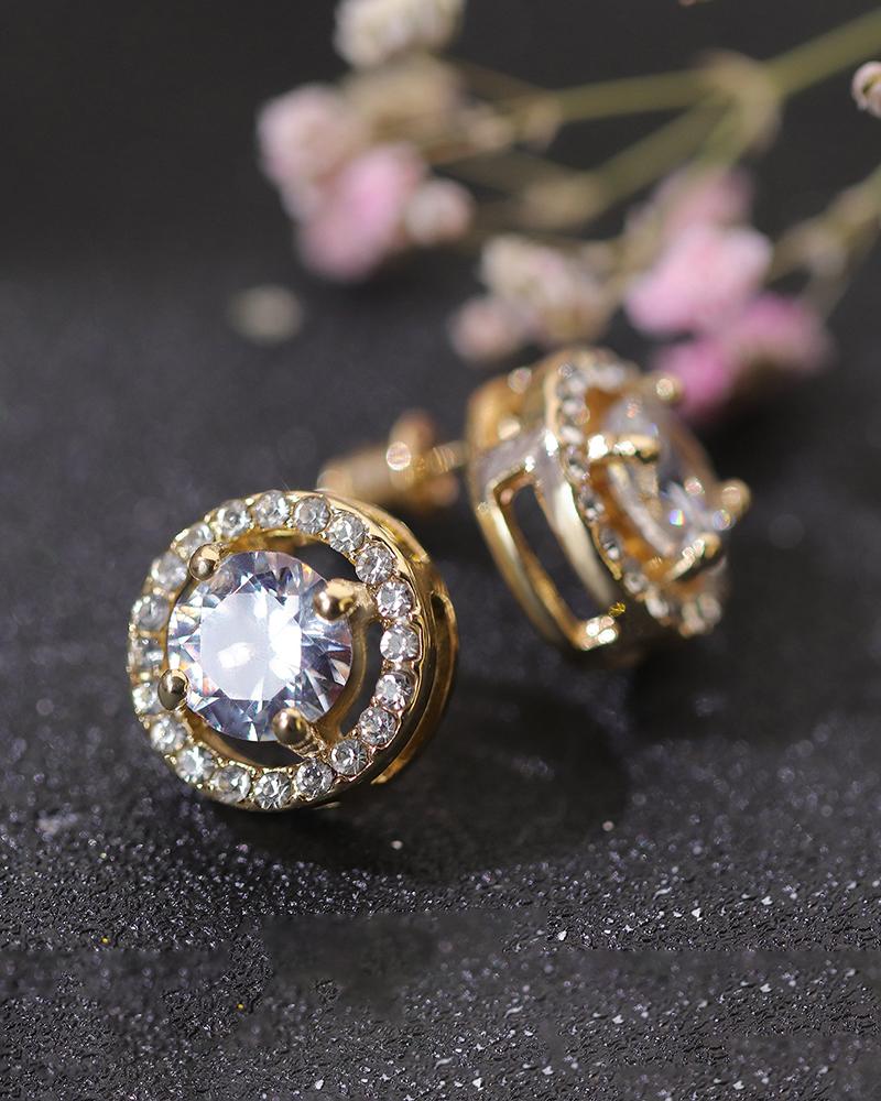 

1pair Round Shaped Rhinestone Earrings, Gold