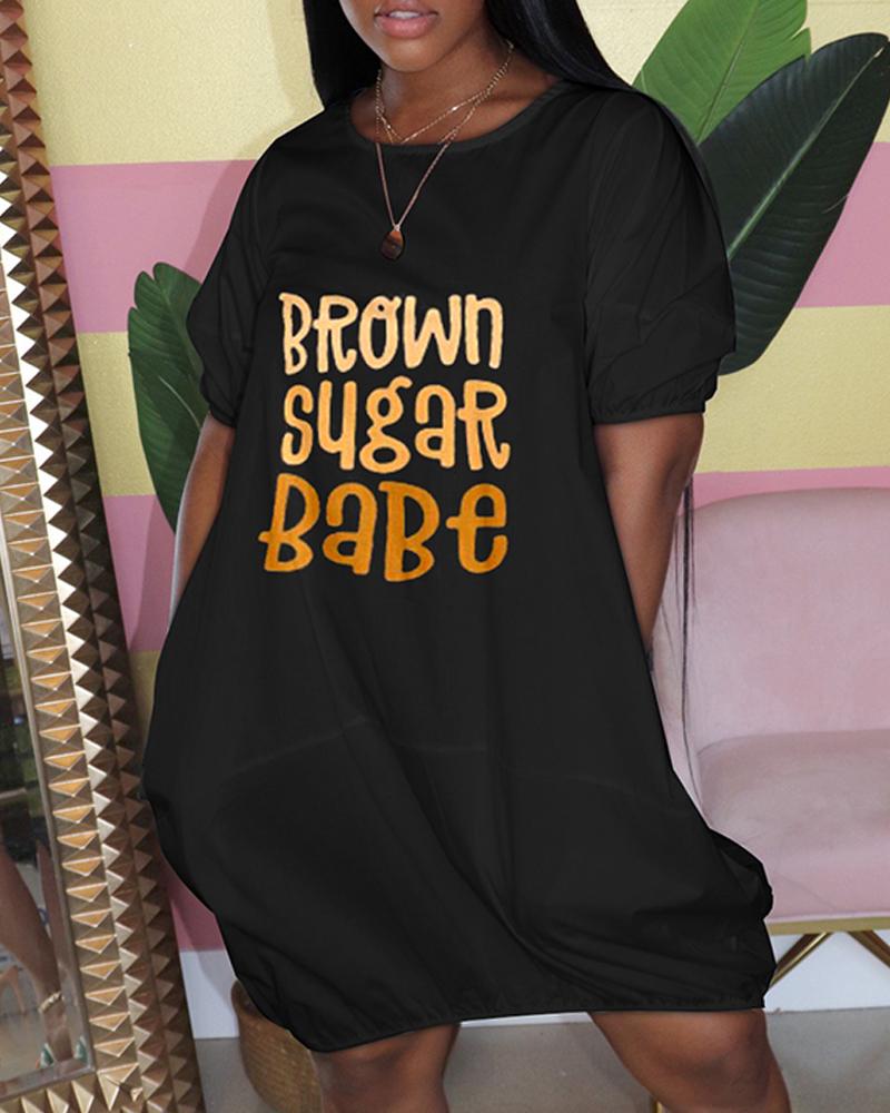 

Brown Sugar Baby Print Puff Sleeve Casual Dress, Black