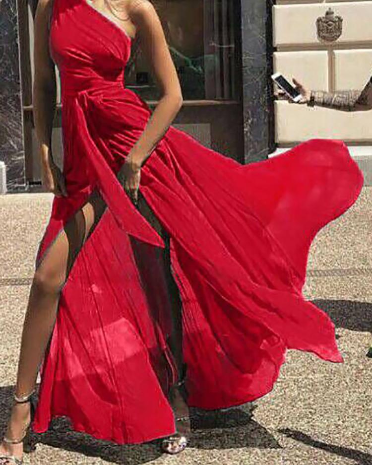 

One Shoulder Tie Waist High Slit Maxi Dress, Red