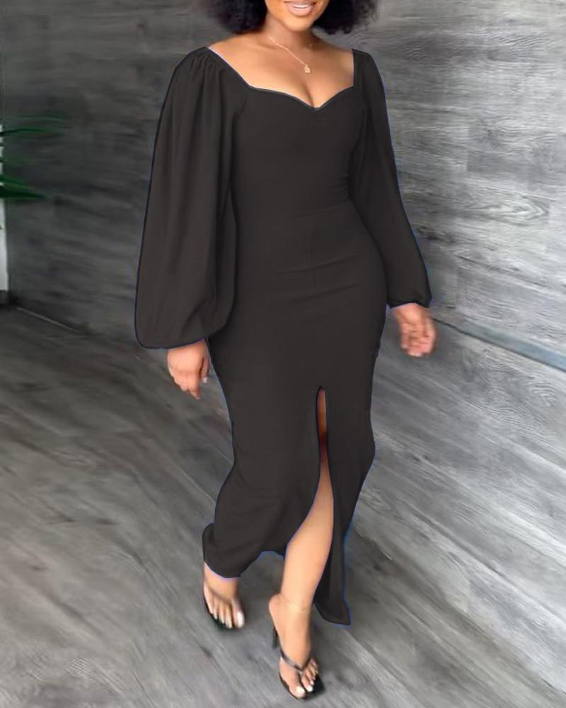 

Lantern Sleeve Split Thigh Party Dress, Black