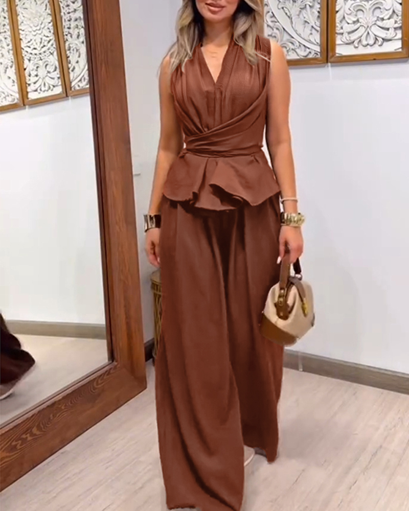 

2 Pieces Outfit Sleeveless Criss Cross Tied Detail Top and Casual Wide Leg Pants Set, Dark brown
