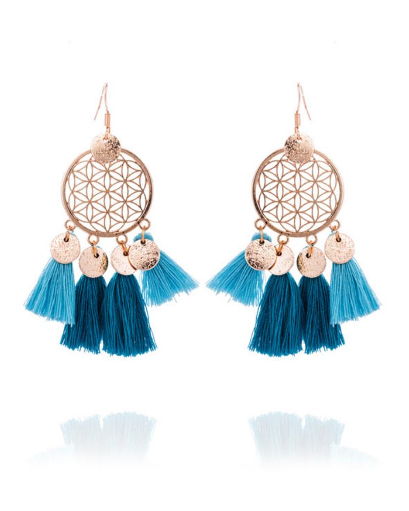 

1Pair Tassel Design Disc Hollow Out Drop Earrings, Blue