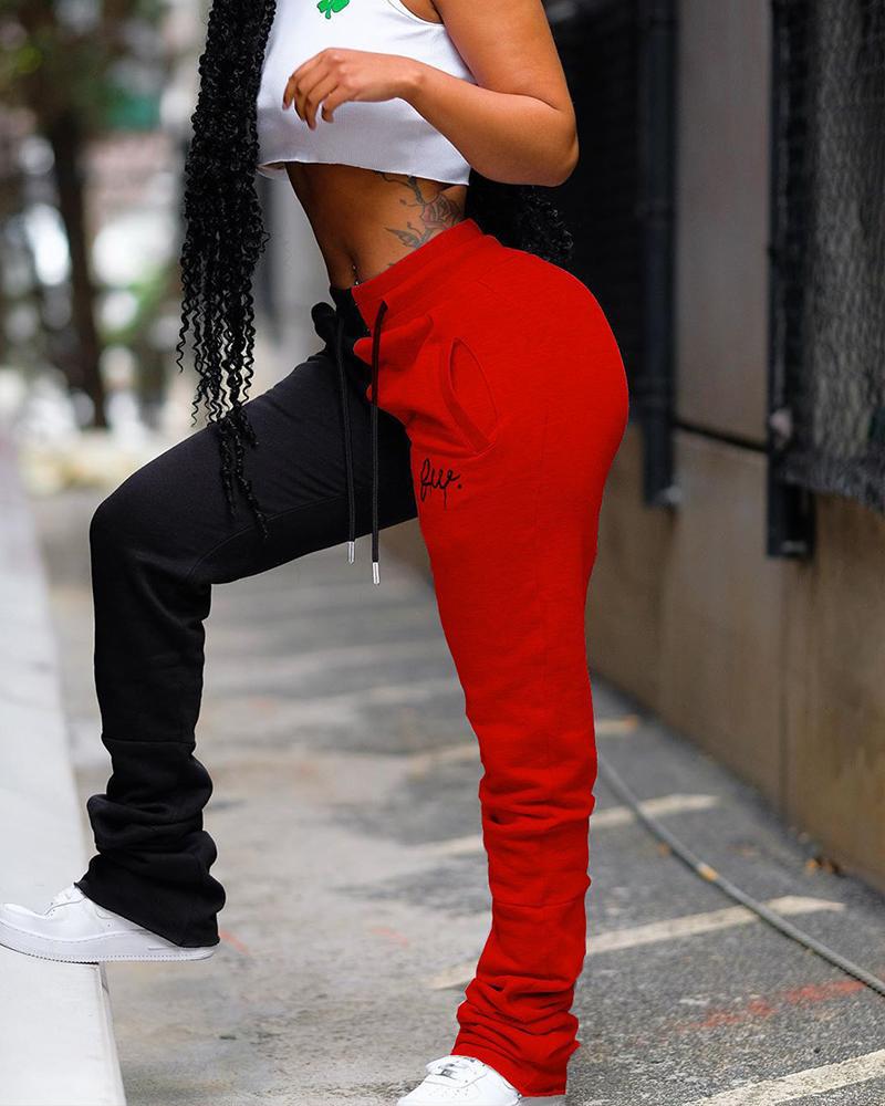 Colorblock Letter Print Drawstring Pants