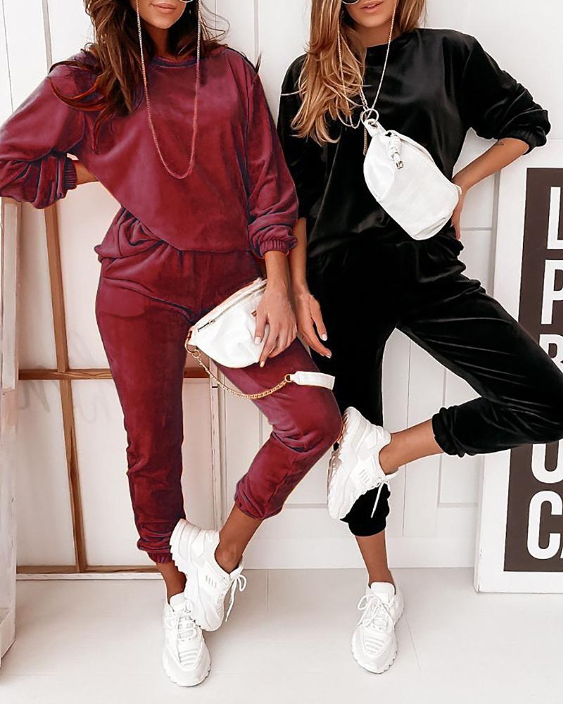 

Velvet Long Sleeve Top & High Waist Pants Set, Red