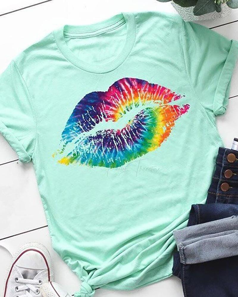 

Lip Print Short Sleeve Casual T-shirt, Light blue
