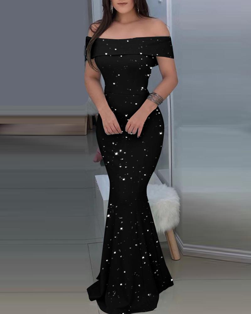 

Off Shoulder Short Sleeve Glitter Mermaid Dress, Black