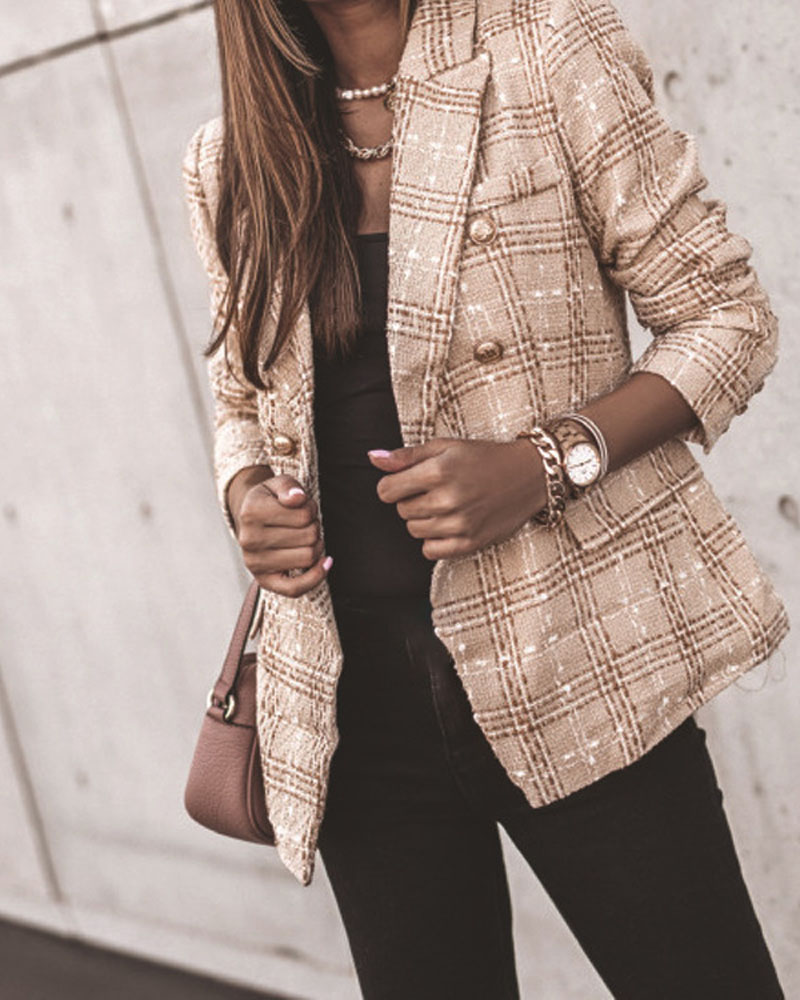 

Plaid Double Breasted Flap Detail Tweed Blazer, Apricot