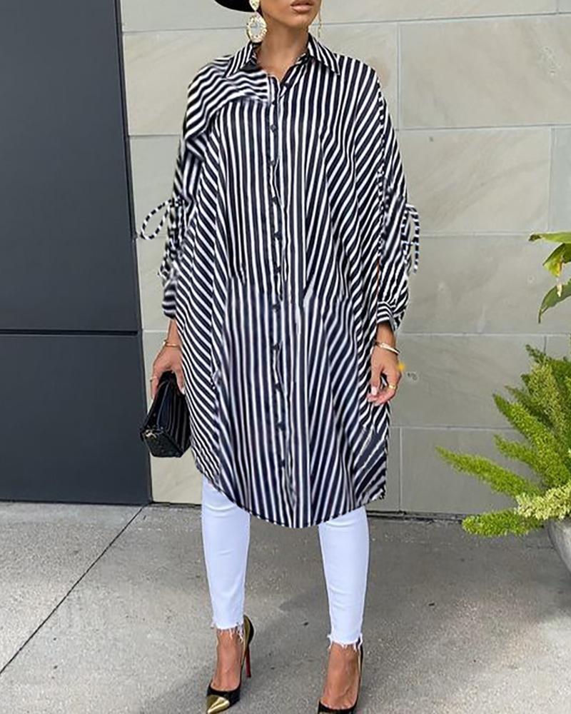 

Striped Cape Design Button Front Longline Shirt, Black
