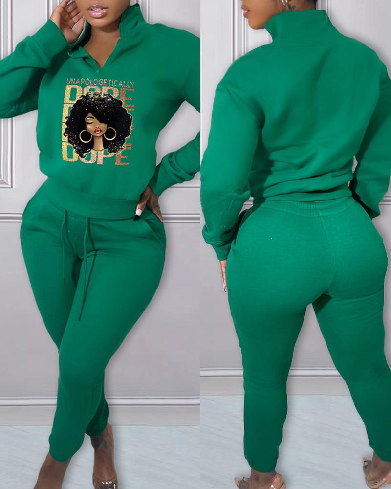 

Figure Letter Print Casual Top & Drawstring Pants Set, Green