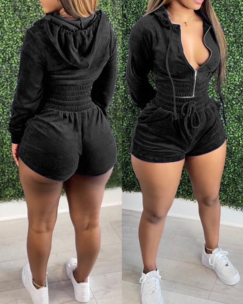 

Velvet Zipper Design Hooded Coat & Drawstring Shorts Set, Black