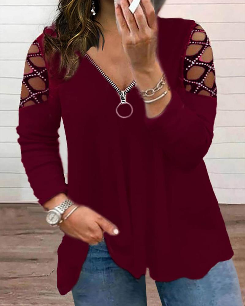 

Plus Size Zip Front Rhinestone Cold Shoulder Top, Wine red
