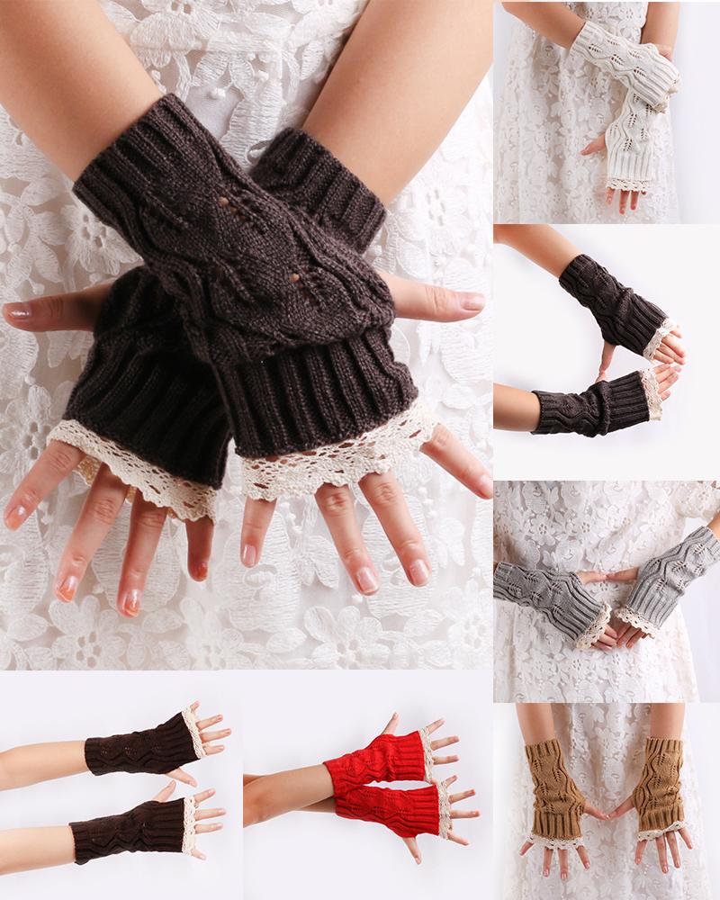

1Pair Contrast Lace Knit Fingerless Gloves, Dark grey