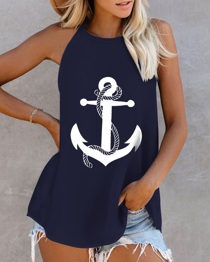 

O-neck Sleeveless Boat Anchor Print Casual Top, Purplish blue