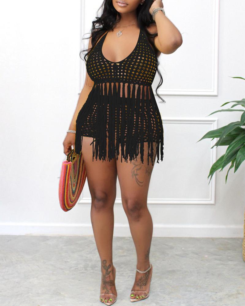 

Crochet Hollow Out Fringe Trim Top & Shorts Set, Black