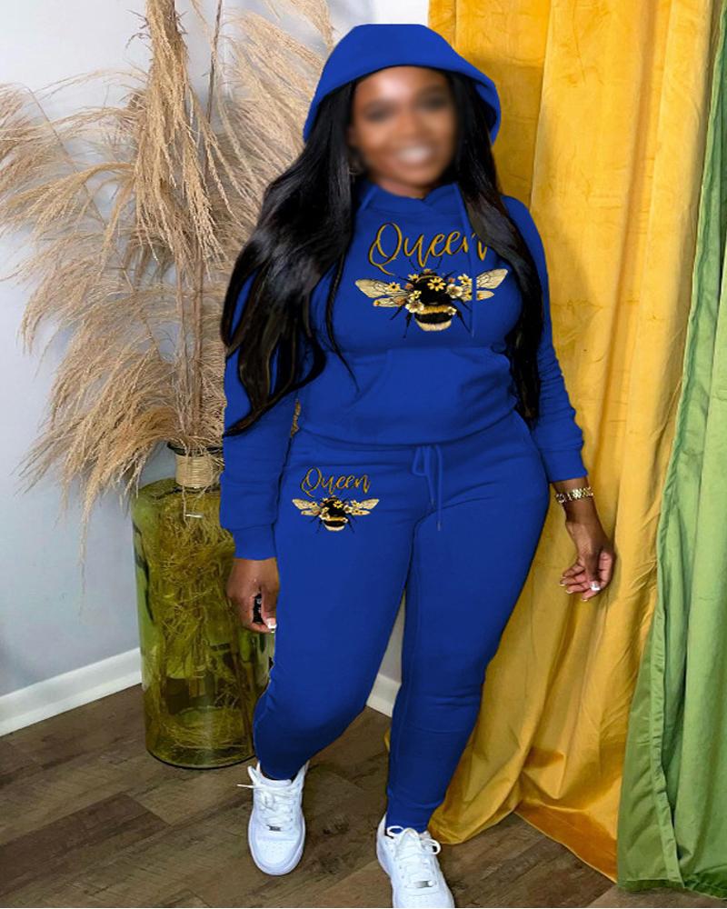 

Plus Size Letter Bee Print Casual Hoodie & Pants Set, Blue