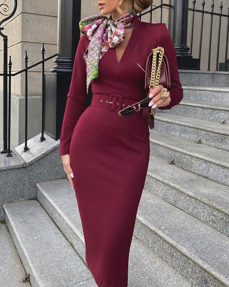 

Long Sleeve Midi Dress With Belt, Wine red