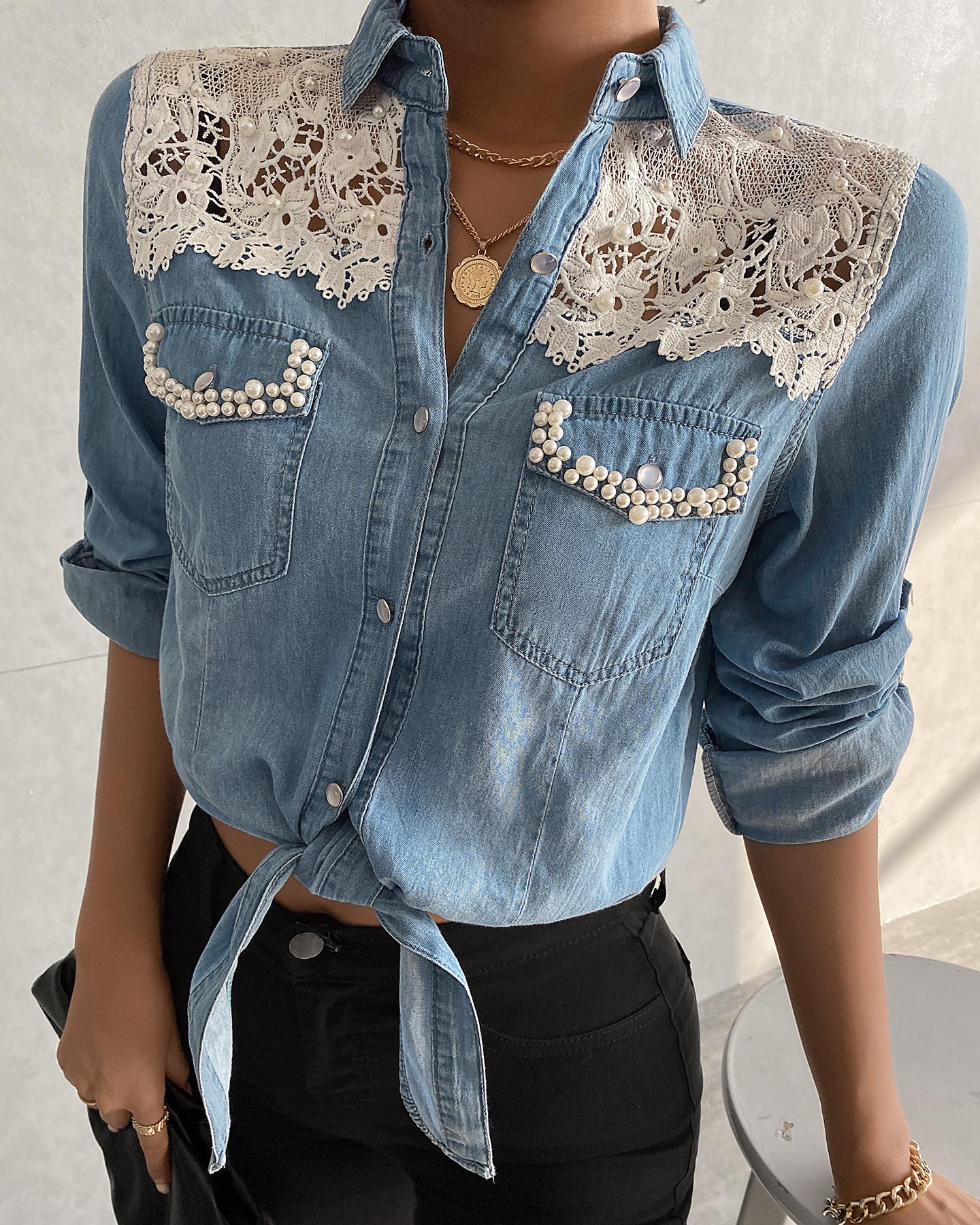 

Beaded Eyelash Lace Button Design Shirt, Blue