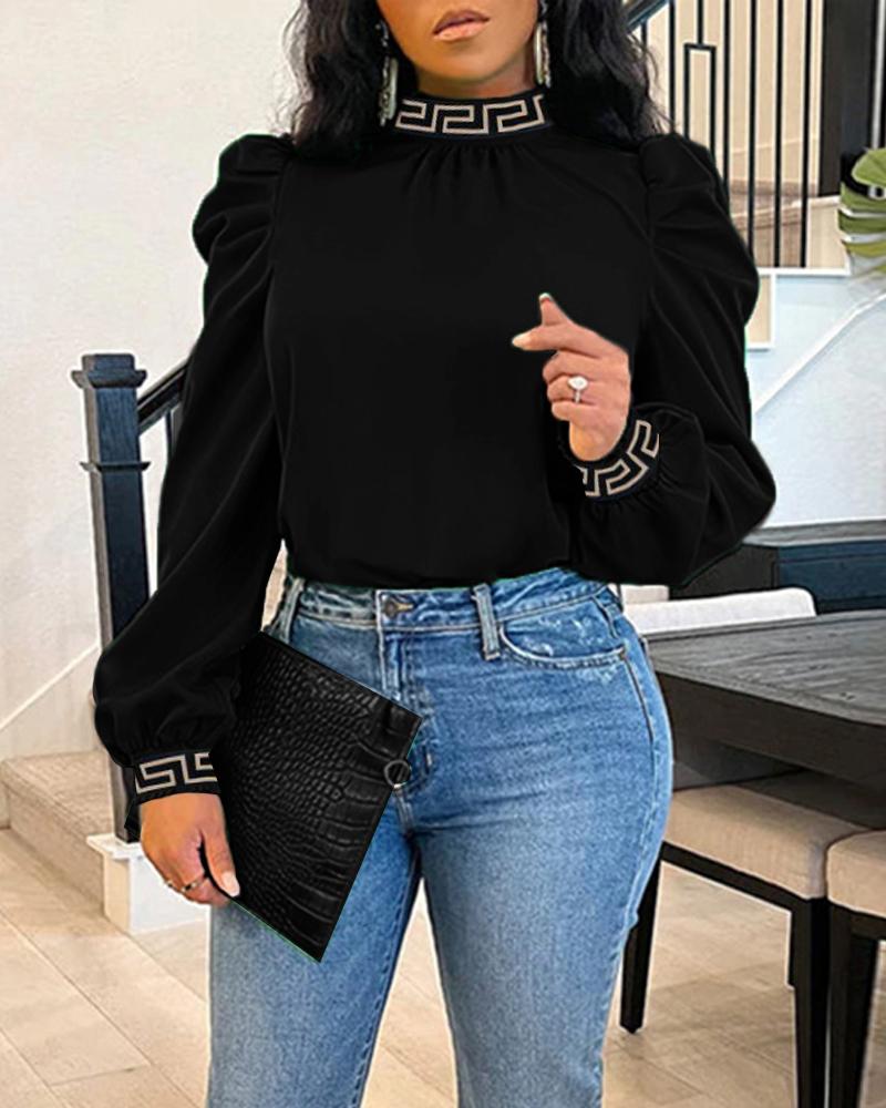 

Geometric Print Puff Sleeve Top, Black