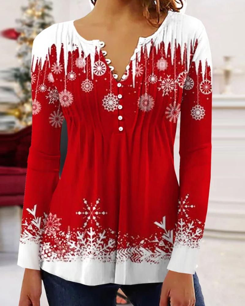 

Christmas Snowflake Print Button Detail Casual Top, Red
