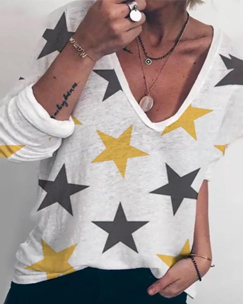 

Star Print Long Sleeve Casual Top, White