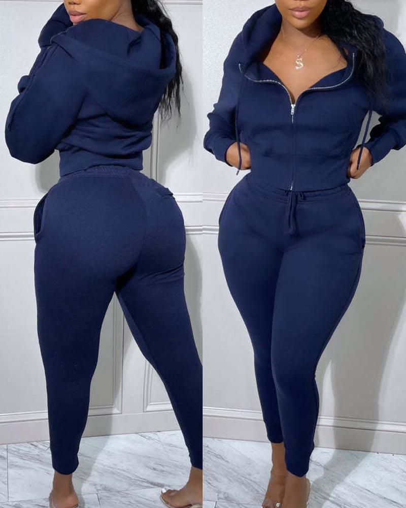 

Long Sleeve Hooded Zip Up Top & Drawstring Pants Set, Blue