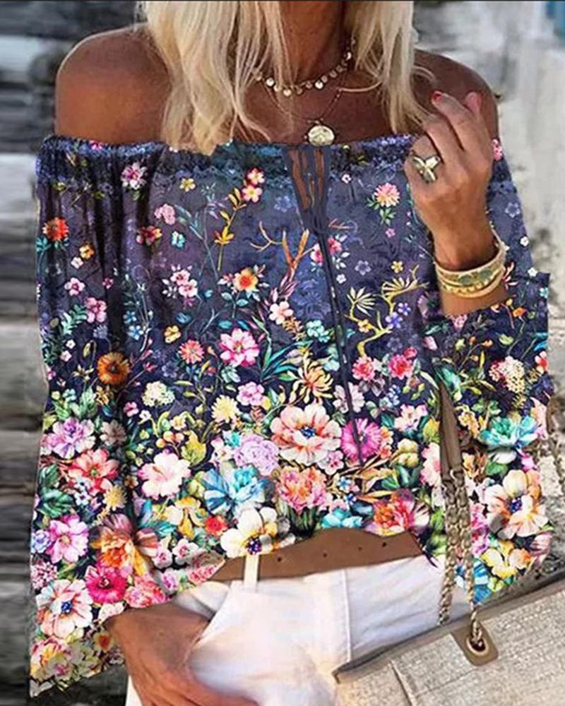 

Off Shoulder Floral / Graphic / Butterfly Print Tie Front Top, Purple