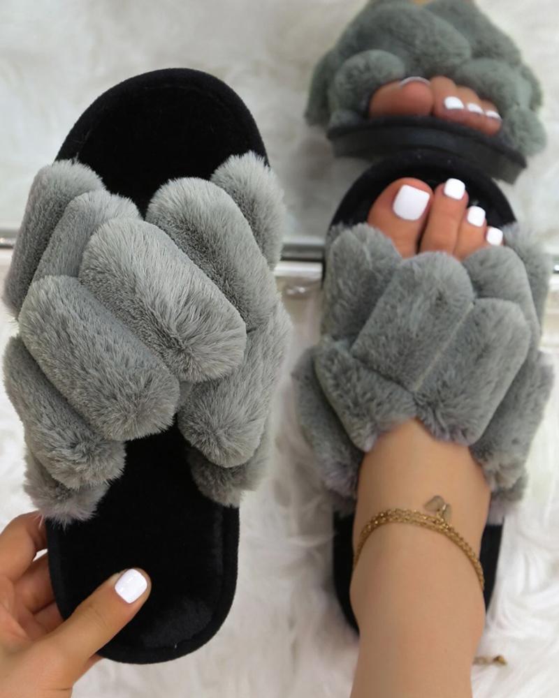 

Fuzzy Crisscross Round Toe Slippers, Gray