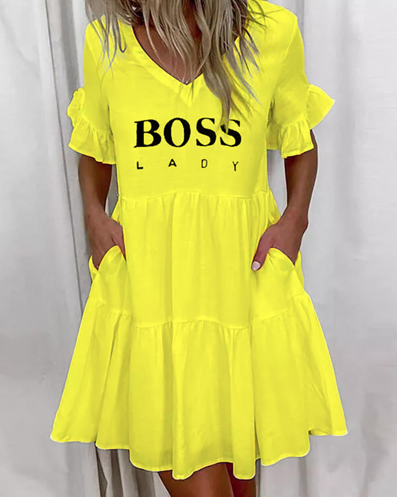 

Letter Print Bell Sleeve Ruffles Casual Dress, Yellow