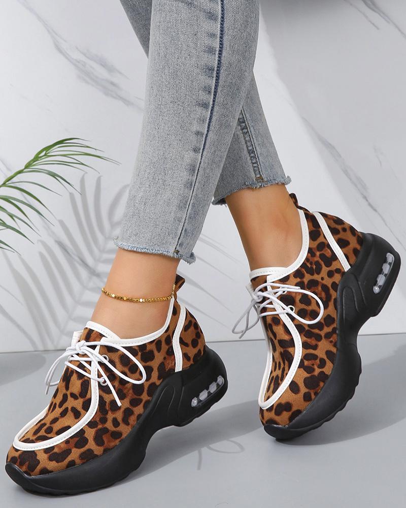 

Contrast Binding Leopard Lace-up Chunky Sneakers