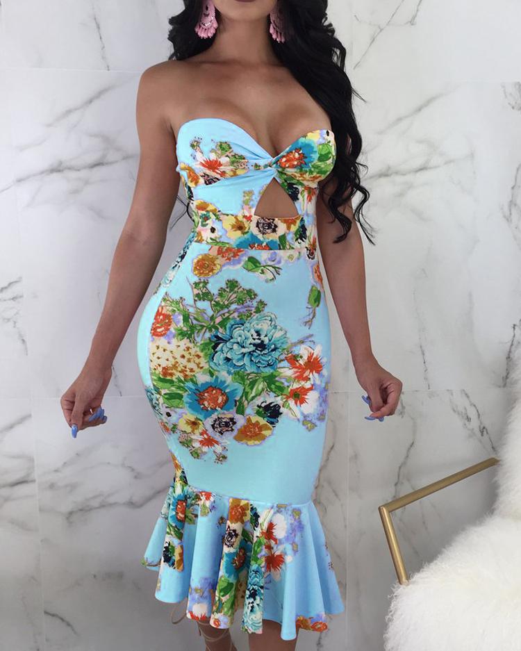 

Floral Cutout Twist Front Ruffle Hem Midi Dress, Blue