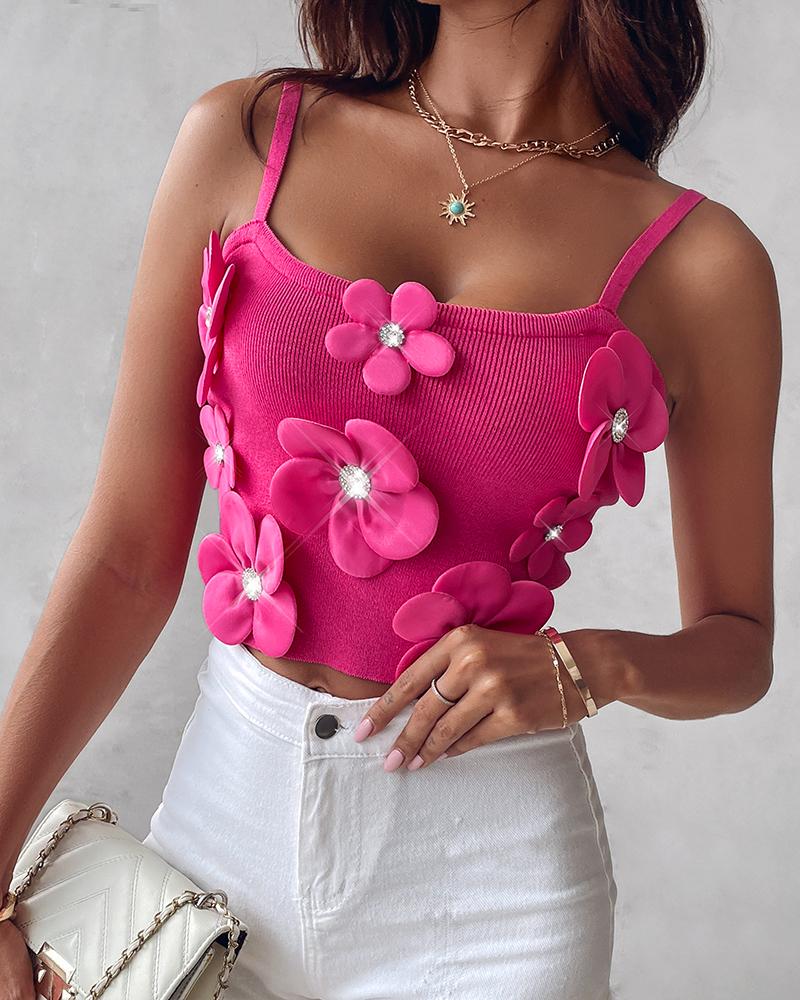 

Floral Pattern Rhinestone Decor Knit Cami Top, Hot pink