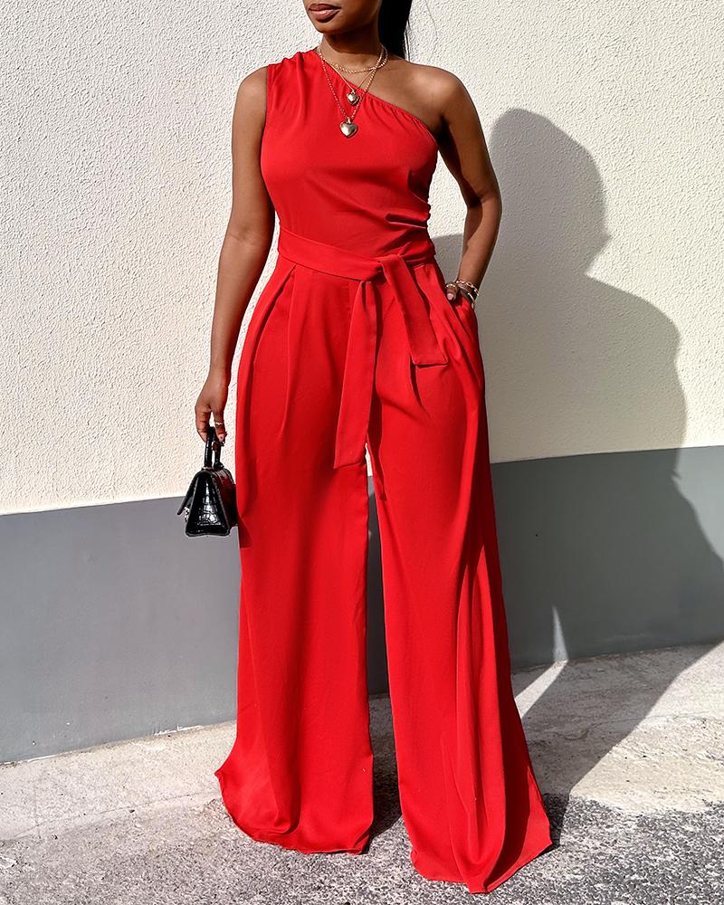 

One Shoulder Sleeveless Wide Leg Jumpsuit, Red