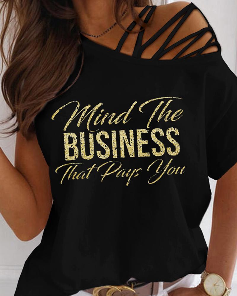 

Personality Style V-neck Halter Cutout Letter Print T-shirt, Black