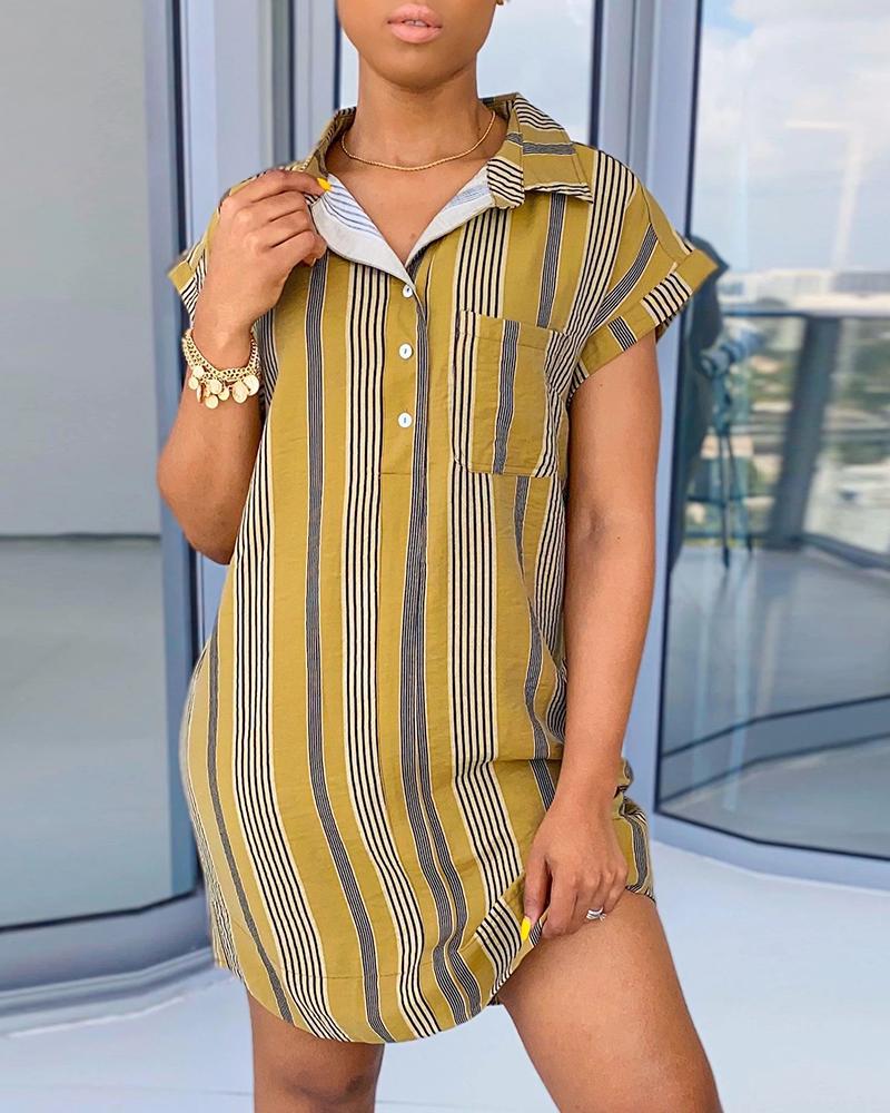 

Striped Colorblock Button Design Shirt Dress, Brown