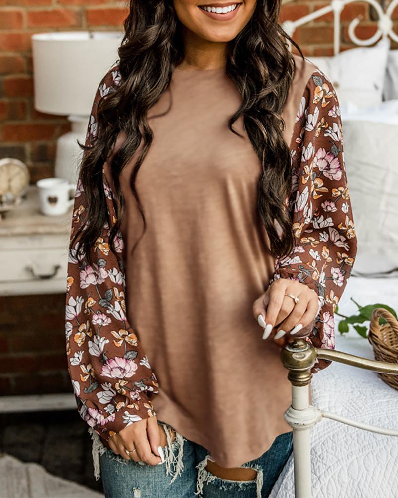 

Floral Print Colorblock Knit Casual Top, Brown