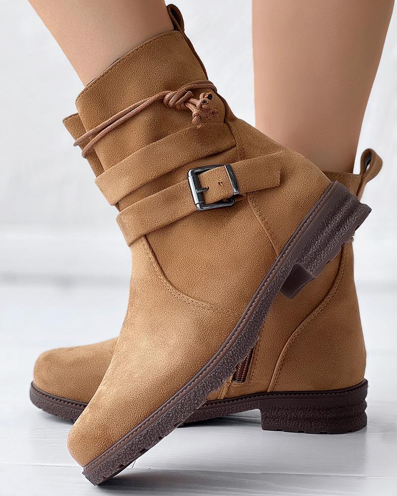 

Tied Detail Side Zipper Buckled Ankle Boots, Brown