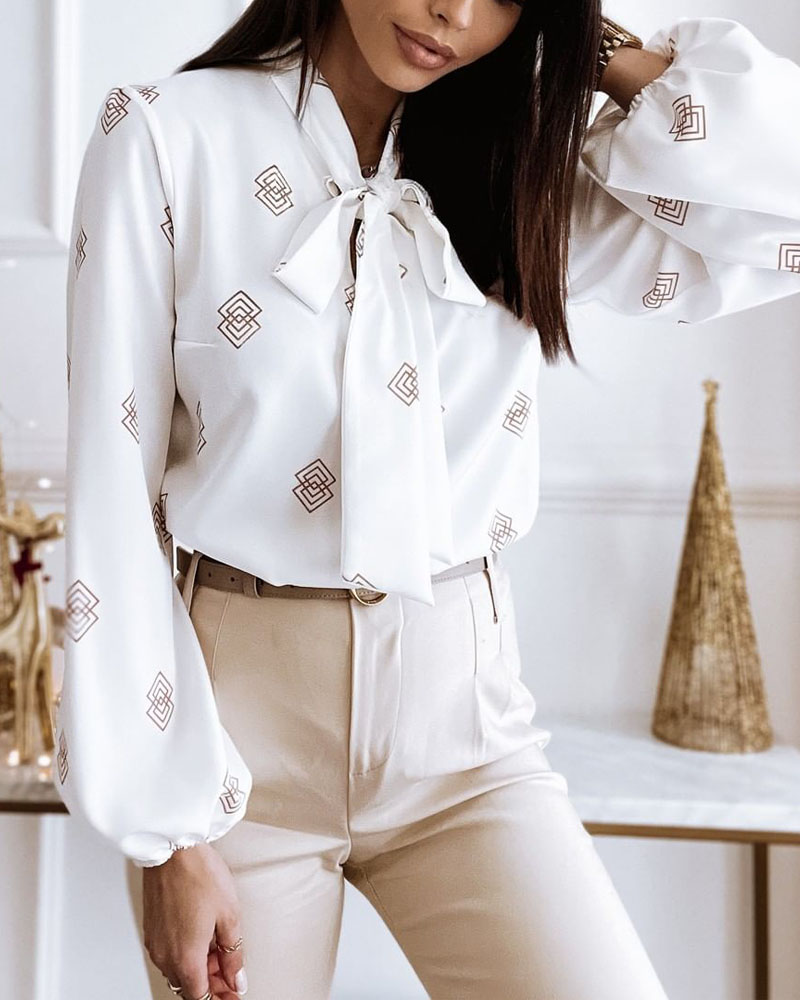 

Geo Pattern Print Tie Neck Lantern Sleeve Top, White