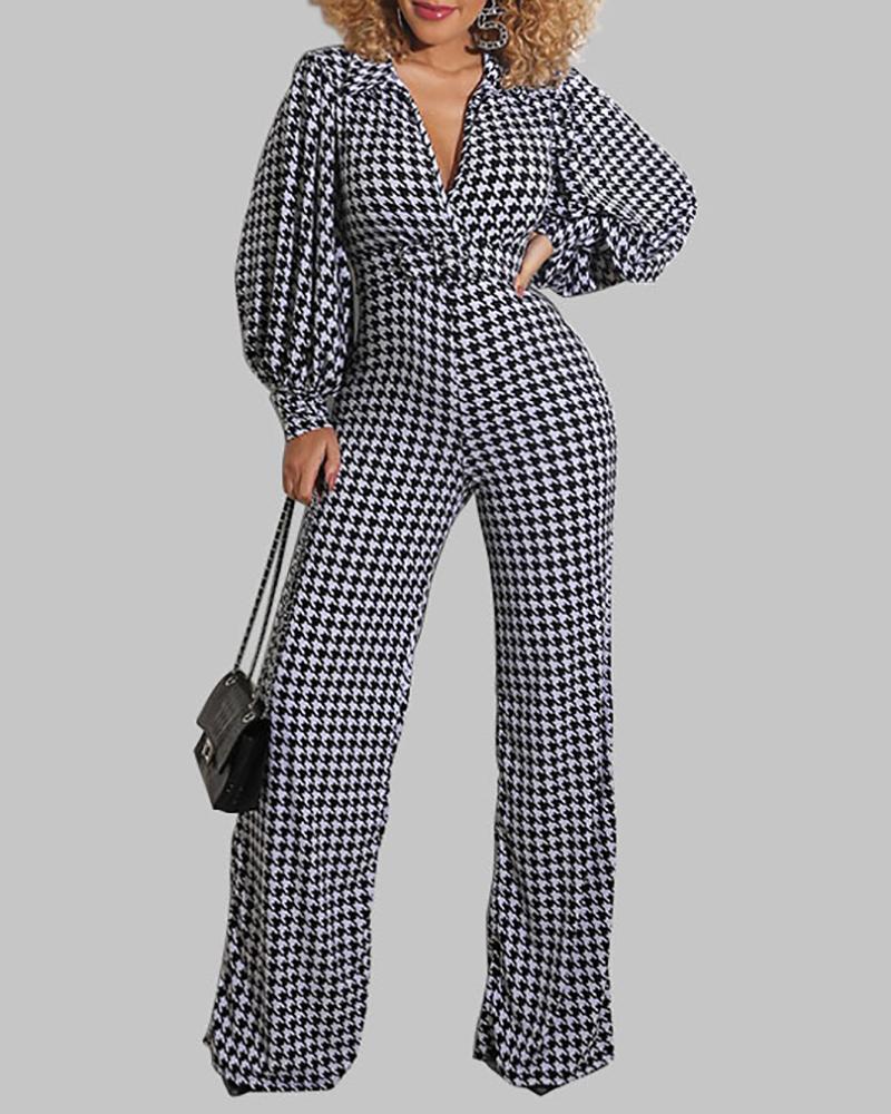 

Lantern Sleeve Houndstooth Print Wide Leg Jumpsuit, Black