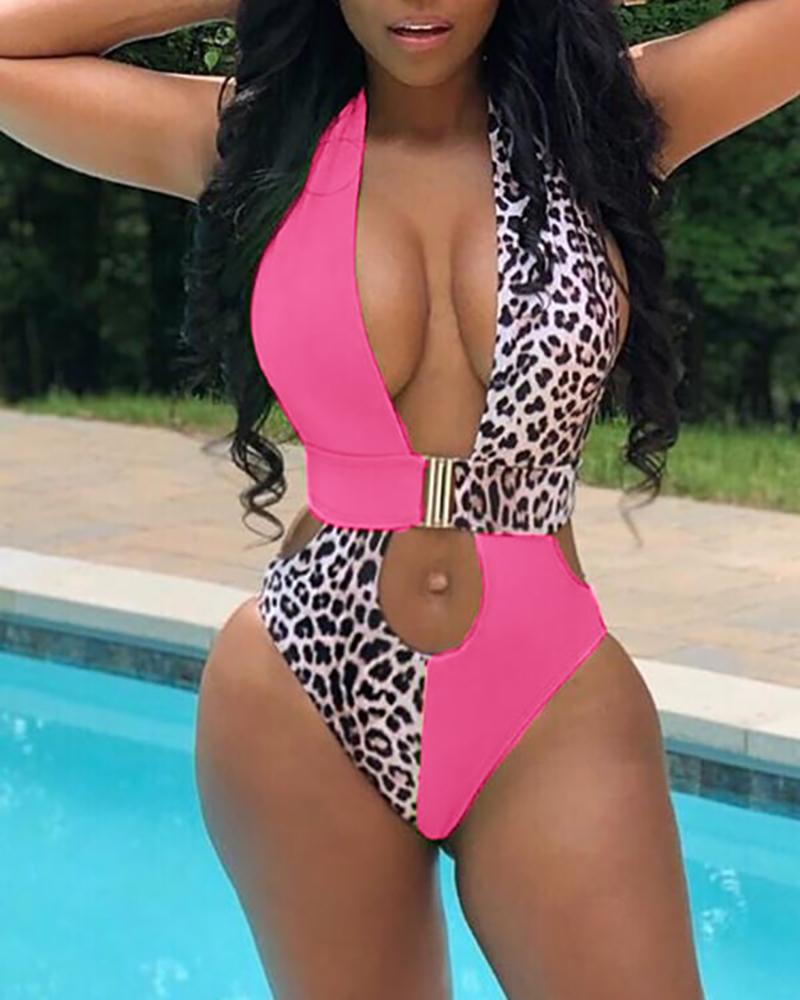 

Cheetah Print Colorblock Cutout One Piece Swimsuit, Style1