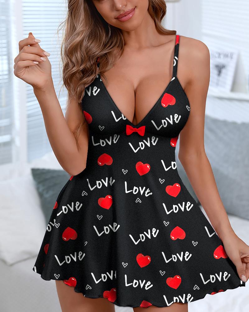

Valentine's Day Love Heart Print Bowknot Decor Nightdress, Black
