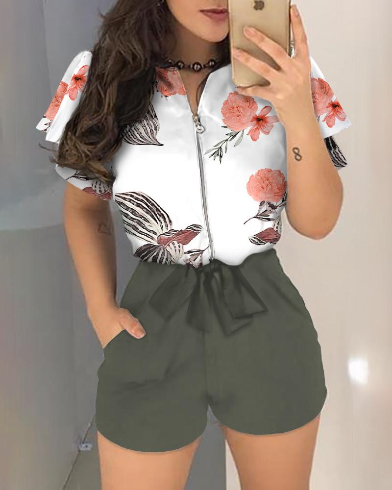 

Tropical Print Zipper Design Top & Shorts Set, White