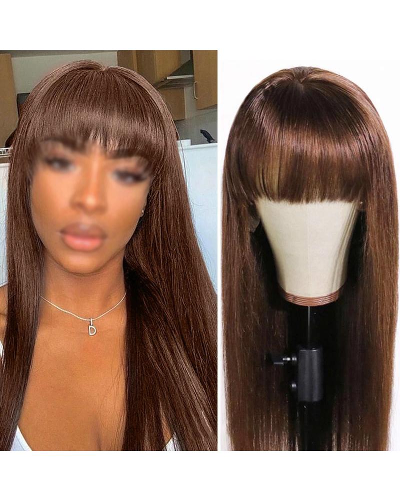 

28Inch Long Straight Hair Wig Natural Looking Synthetic Wig With Bangs, Brown