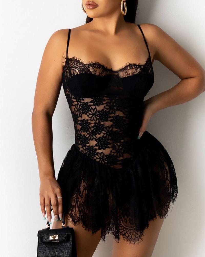 

Plain Lace Embroidered Ruffle Cami Dress, Black