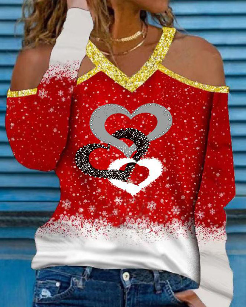 

Christmas Snowflake Heart Print Cold Shoulder Top, Red