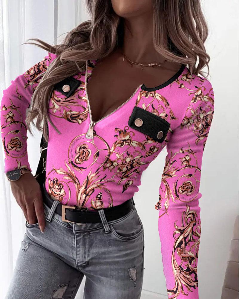 

Baroque Print Zipper Front Long Sleeve Top, Hot pink