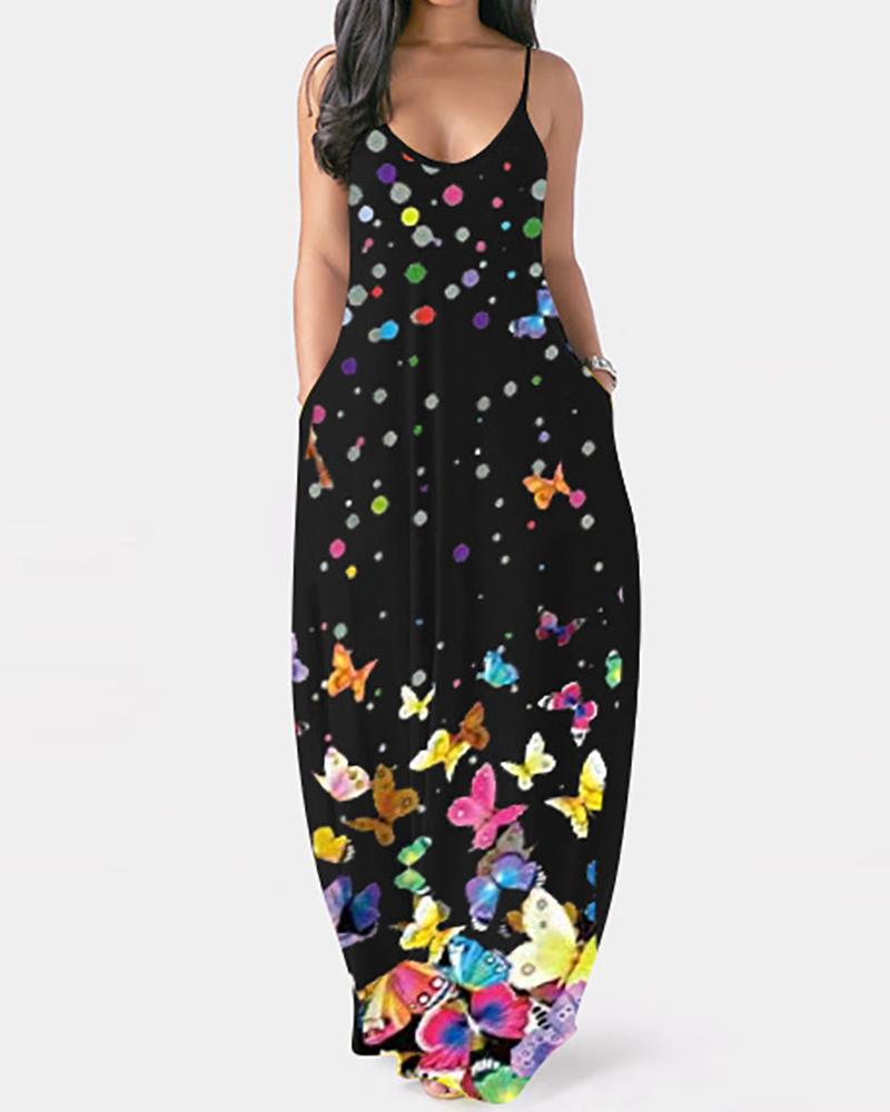 

Butterfly Print Colorblock Pocket Design Maxi Dress, Black