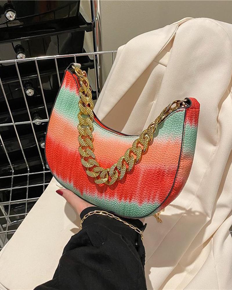 

Tie Dye Print Chain Strap Baguette Bag, Orange