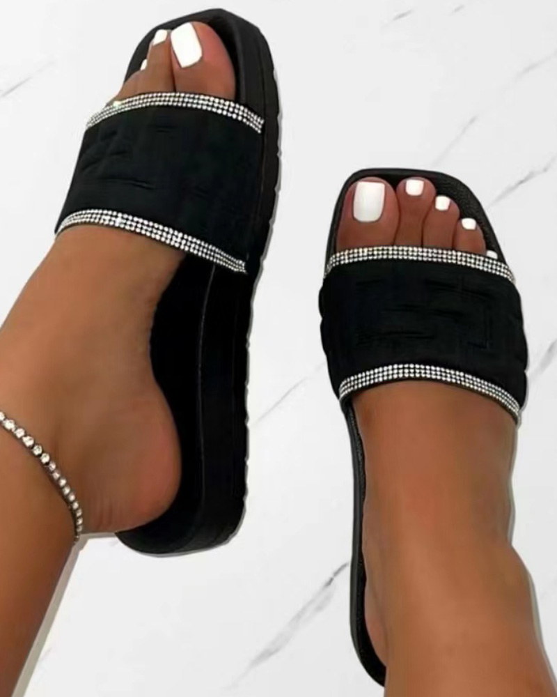 

Rhinestone Contrast Paneled Wide Strap Slippers, Black